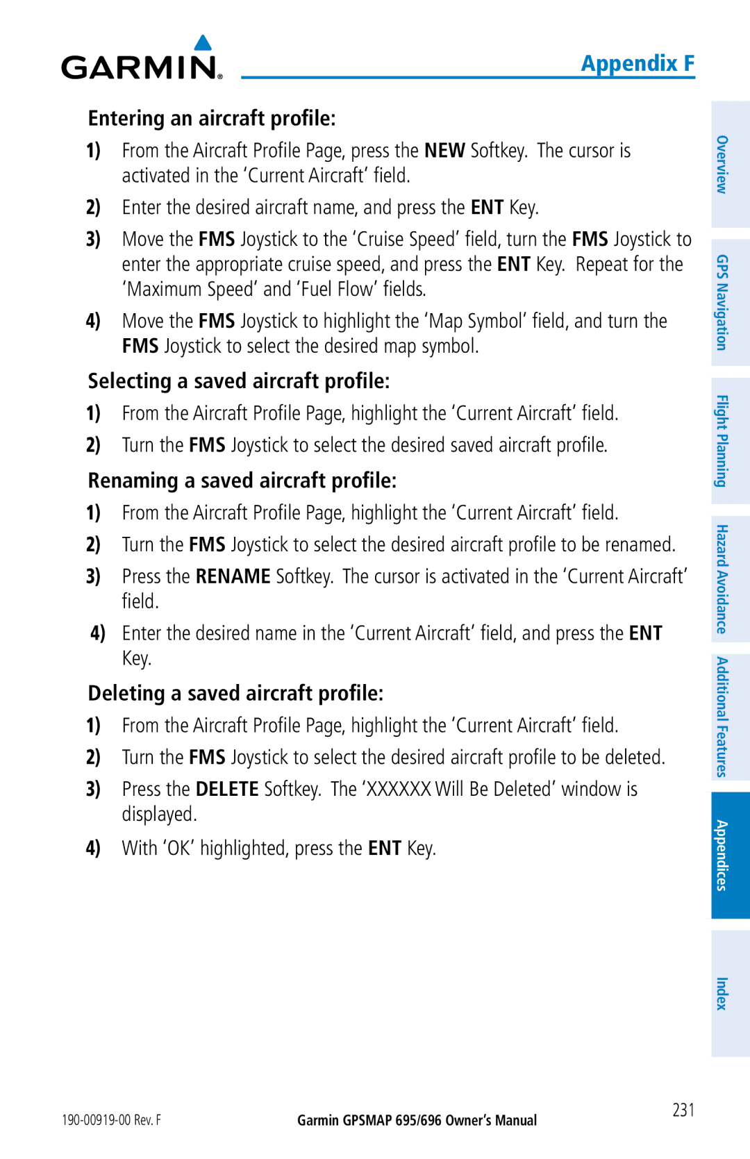 Garmin 696, 695 Entering an aircraft profile, Selecting a saved aircraft profile, Renaming a saved aircraft profile, 231 