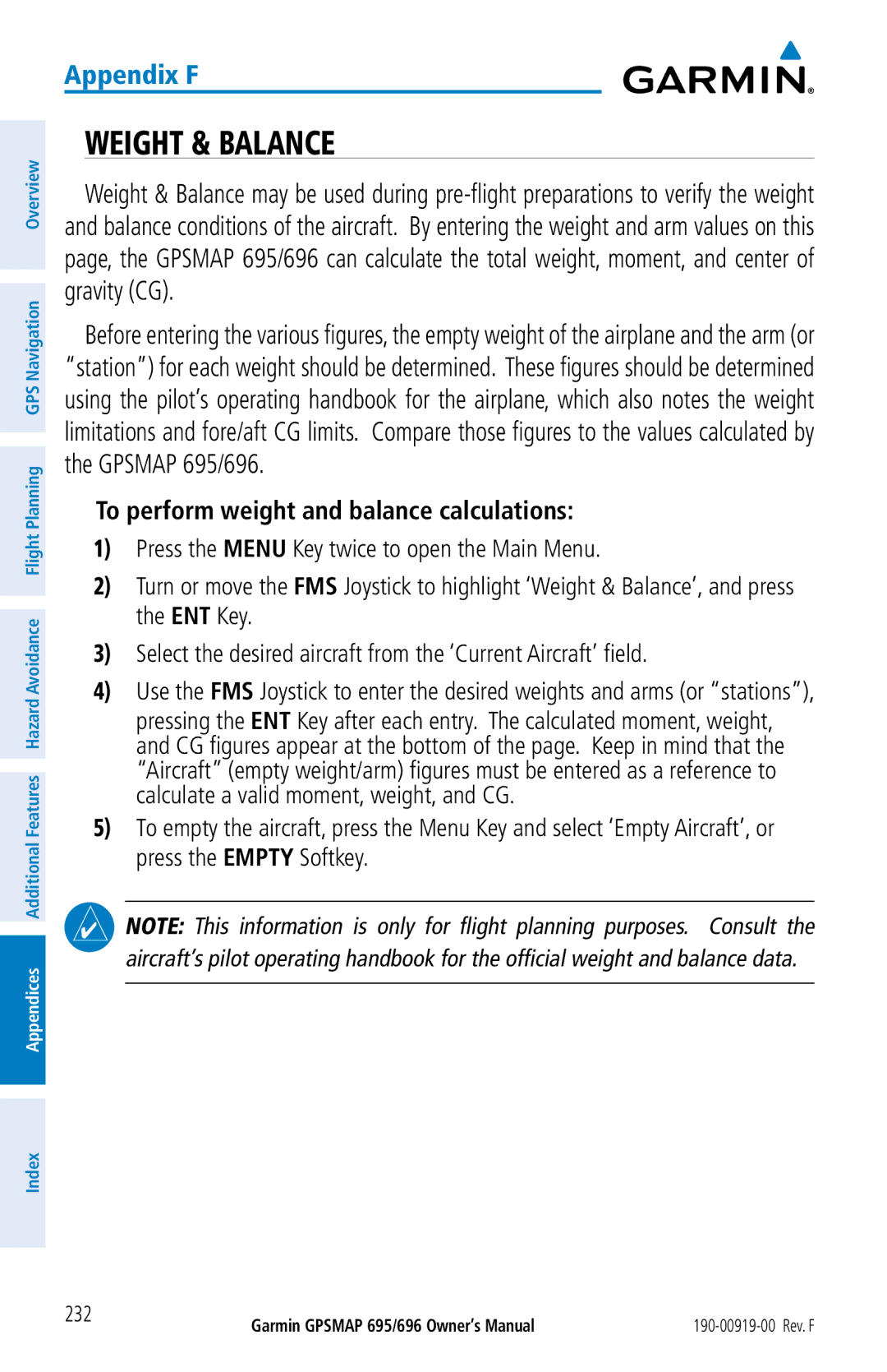 Garmin 695, 696 owner manual Weight & Balance, To perform weight and balance calculations 