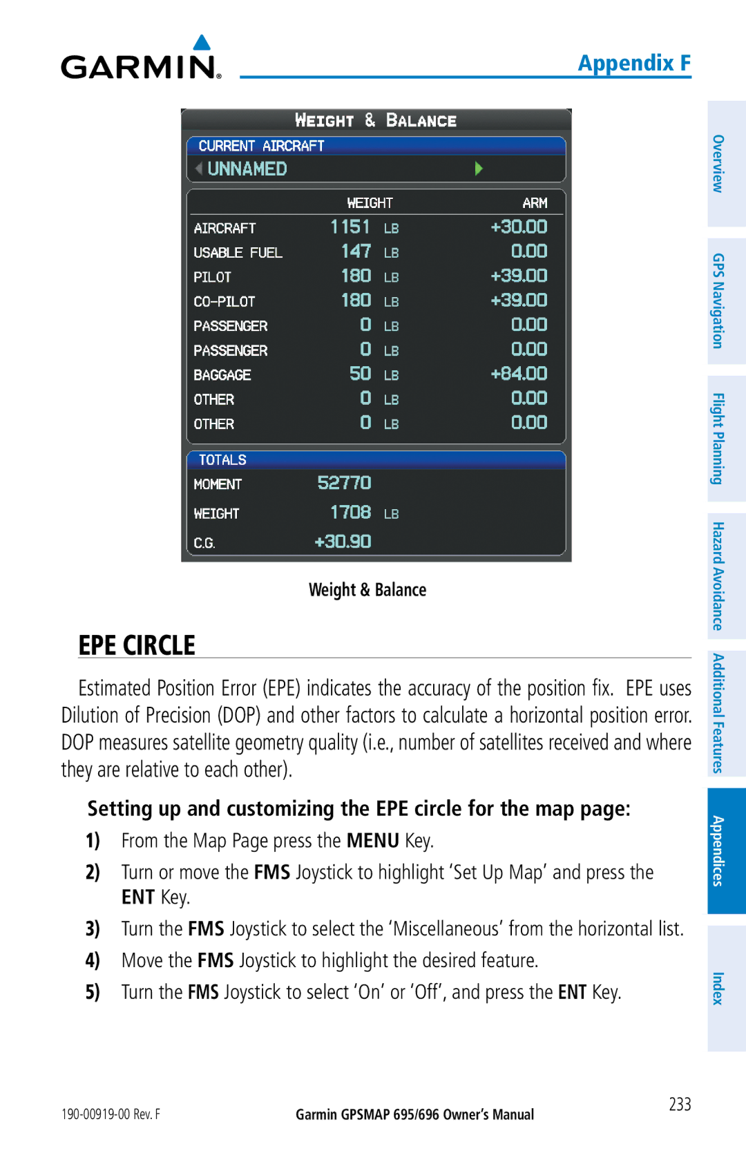 Garmin 696, 695 owner manual EPE Circle, Setting up and customizing the EPE circle for the map, Weight & Balance 