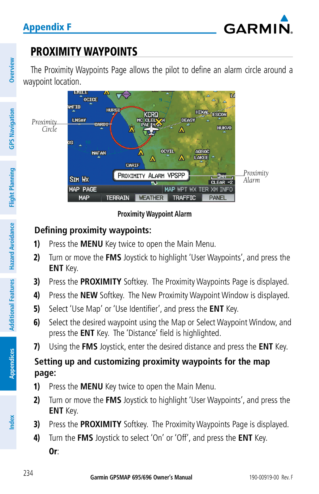 Garmin 695 Proximity Waypoints, Defining proximity waypoints, Select ‘Use Map’ or ‘Use Identifier’, and press the ENT Key 