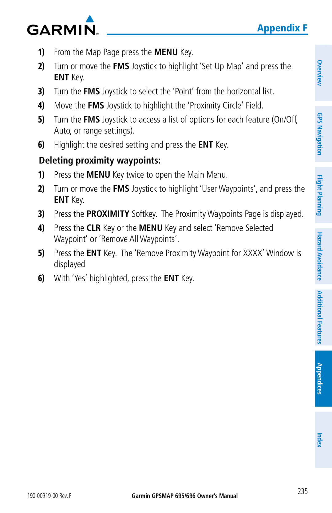 Garmin 696, 695 owner manual Deleting proximity waypoints, 235 