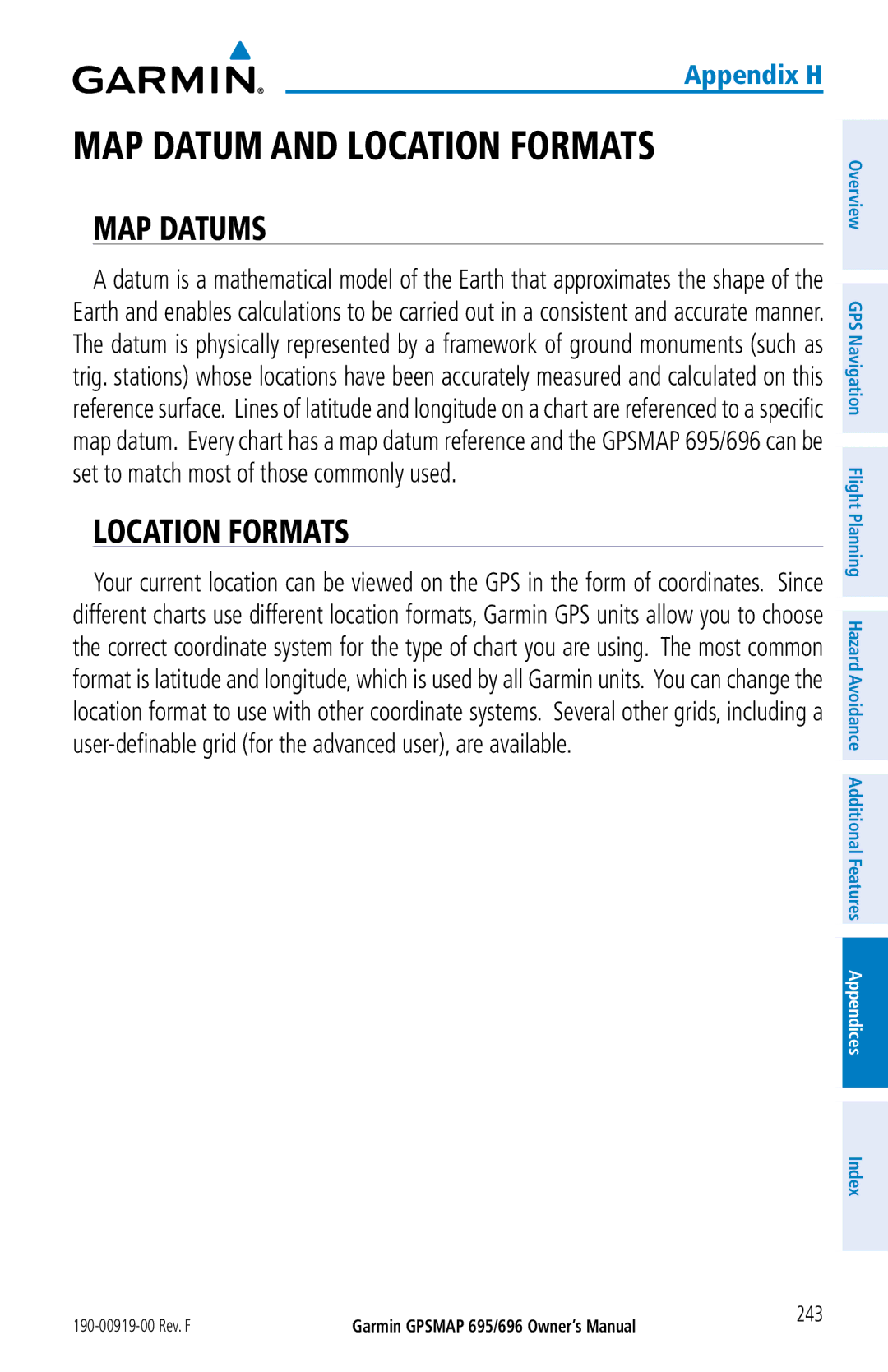 Garmin 696, 695 owner manual MAP Datums, Location Formats 