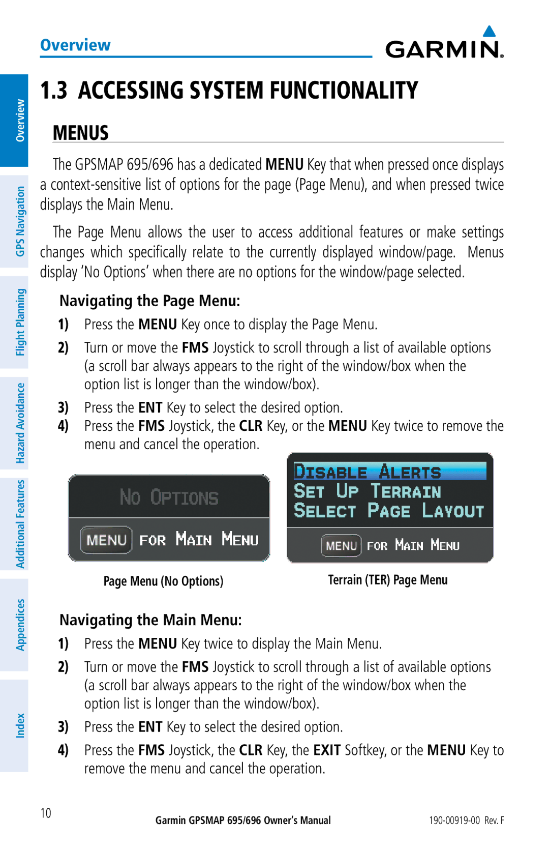 Garmin 695, 696 owner manual Accessing System Functionality, Menus, Navigating the Page Menu, Navigating the Main Menu 