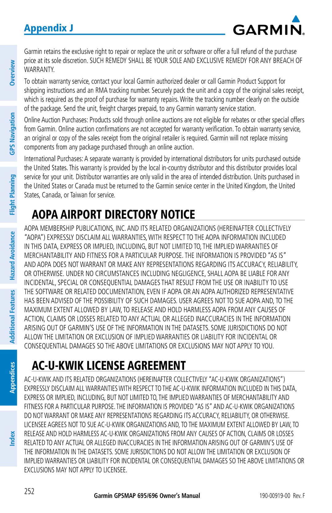 Garmin 695, 696 owner manual Aopa Airport Directory Notice, AC-U-KWIK License Agreement 