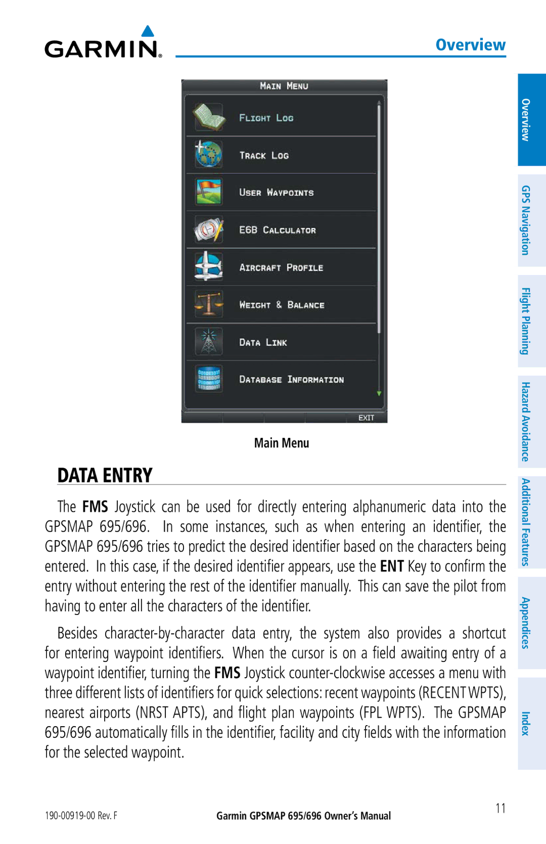 Garmin 696, 695 owner manual Data Entry, Main Menu 