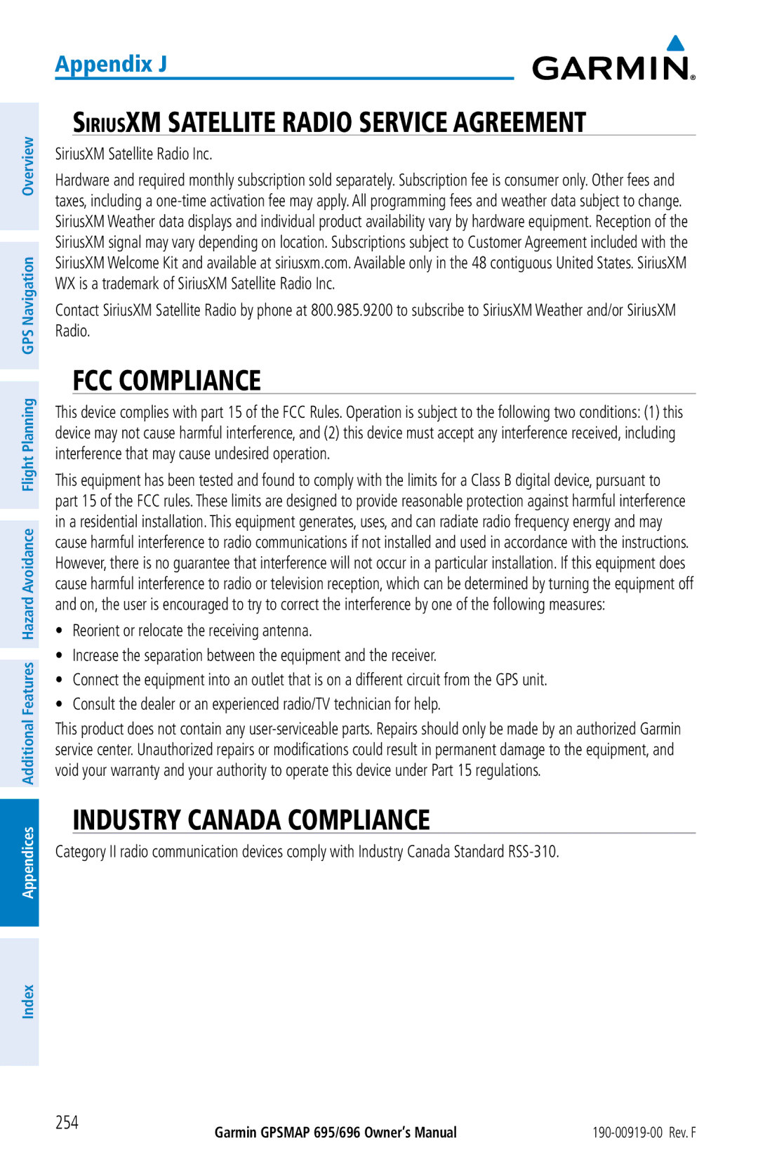 Garmin 695, 696 owner manual FCC Compliance, Industry Canada Compliance 