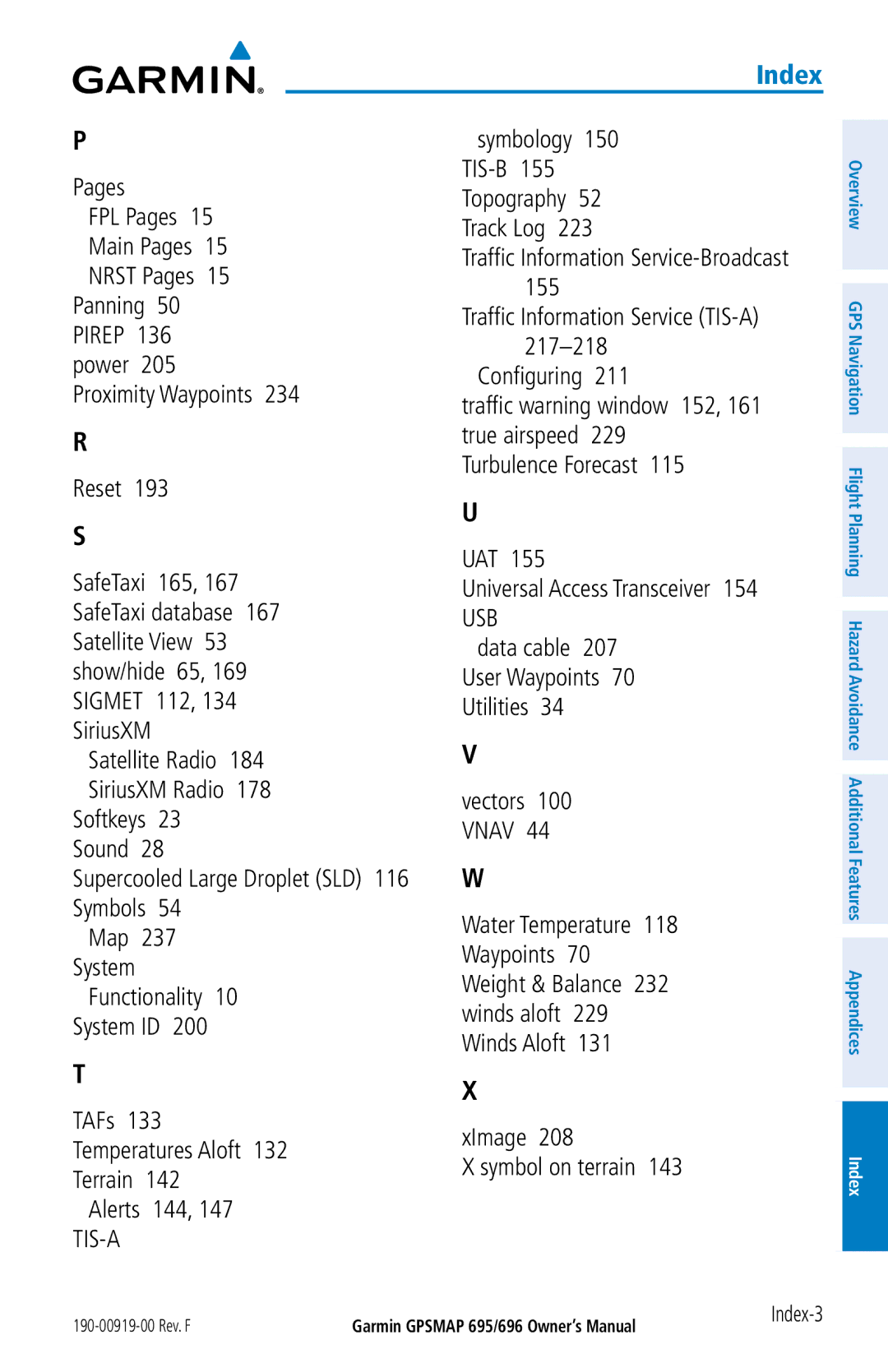 Garmin 696, 695 Pages TIS-B, Track Log, 155, Power, 234, 115, Reset, Uat, SafeTaxi database, 207, 178, Softkeys, Symbols 