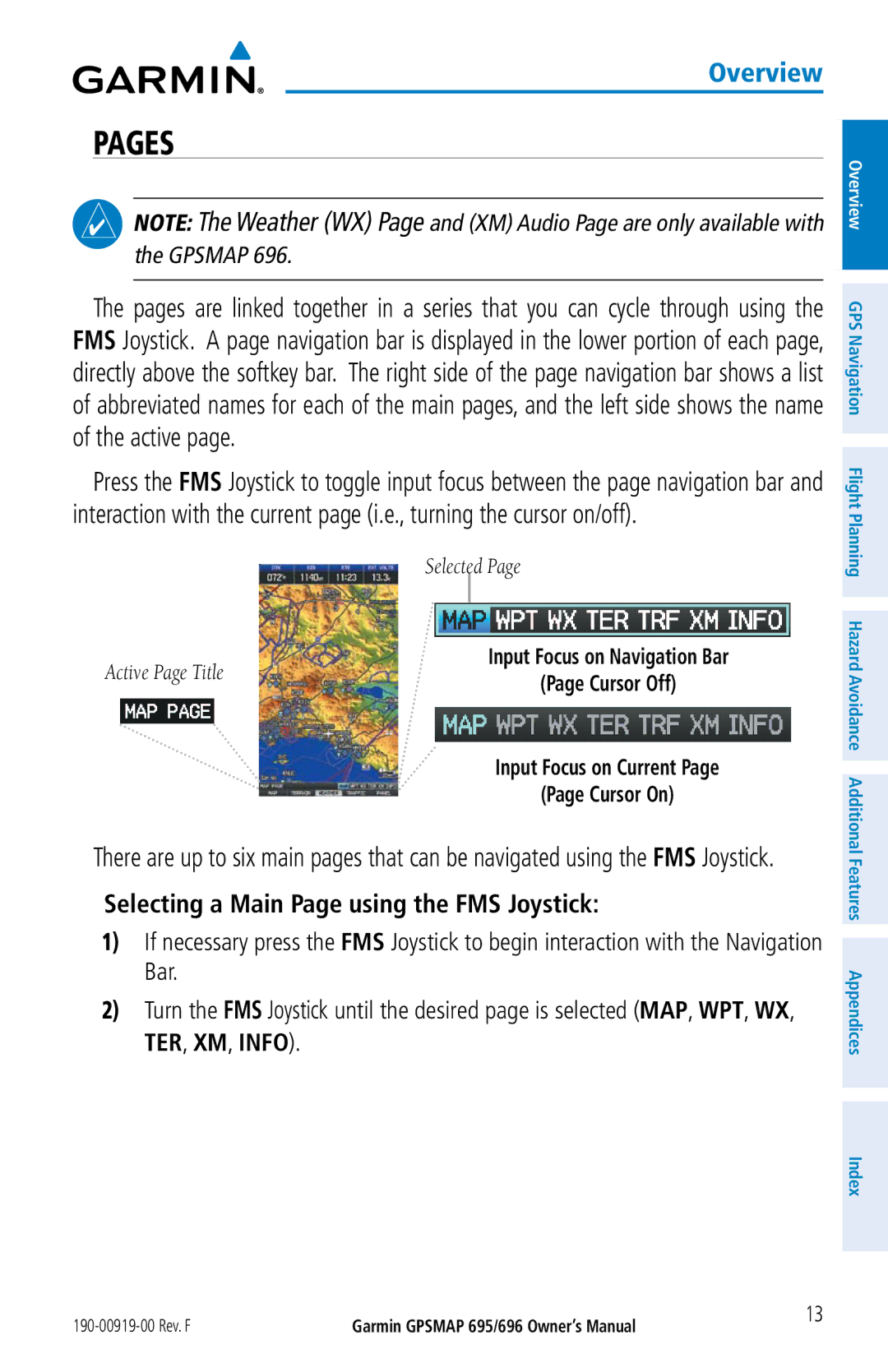 Garmin 696, 695 owner manual Pages, Selecting a Main Page using the FMS Joystick 