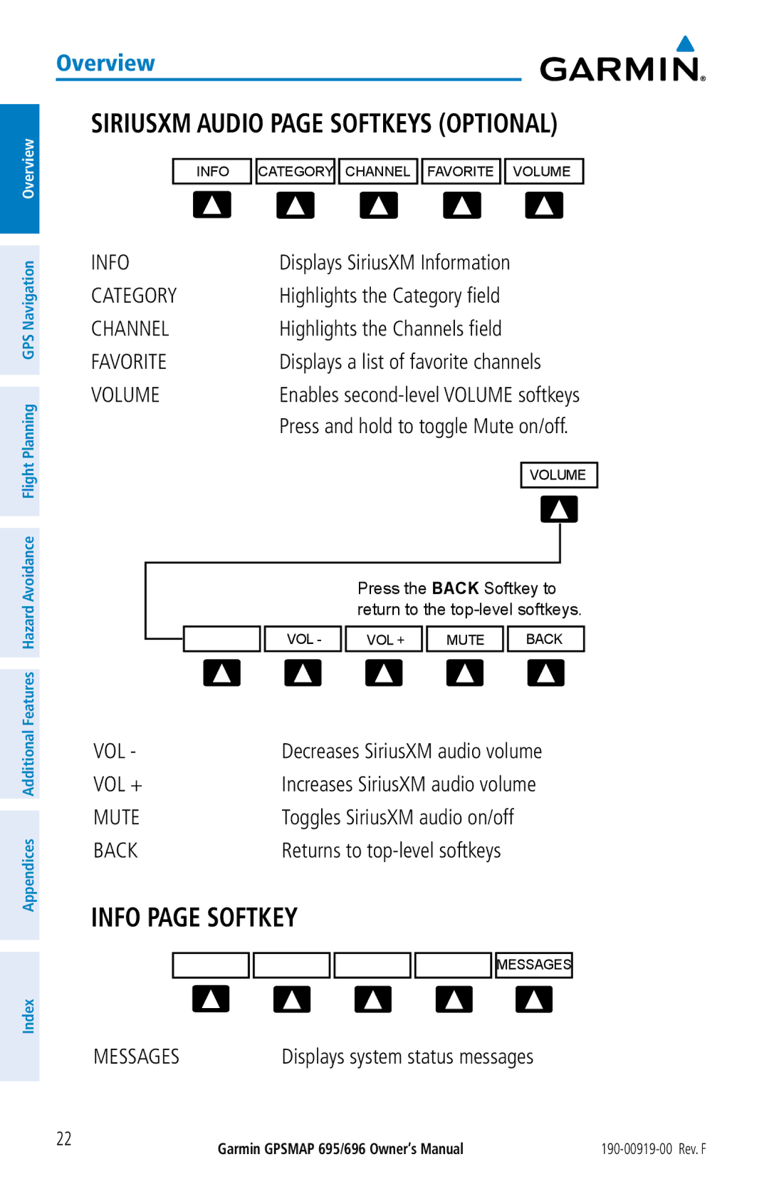 Garmin 695, 696 owner manual Siriusxm Audio page Softkeys Optional, Info page Softkey, Displays SiriusXM Information 