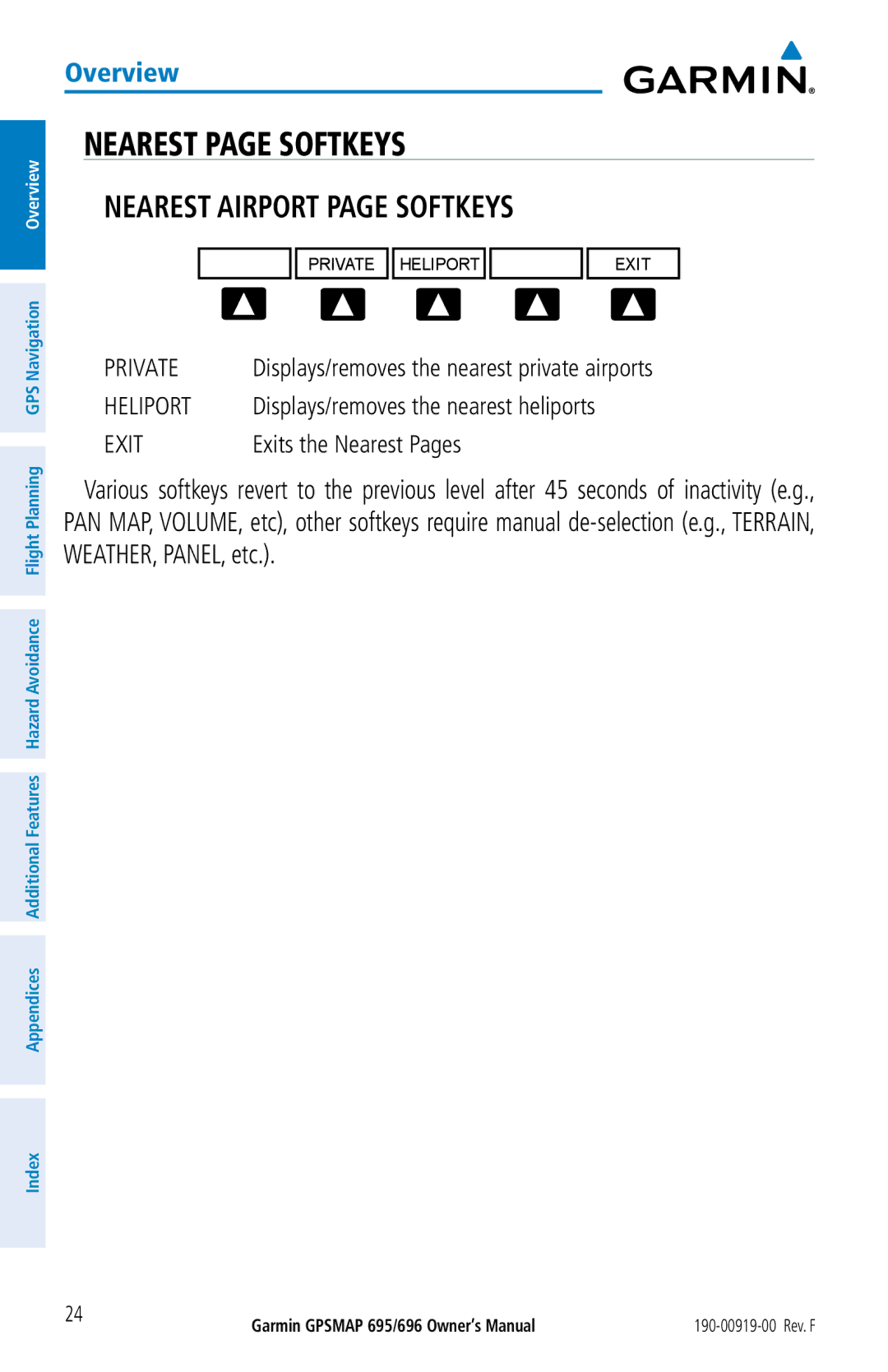 Garmin 695, 696 owner manual Nearest page Softkeys, Nearest Airport page Softkeys, Exits the Nearest Pages 