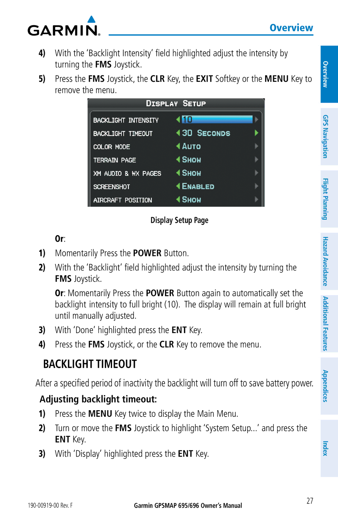 Garmin 696, 695 owner manual Backlight Timeout, Adjusting backlight timeout, Display Setup 