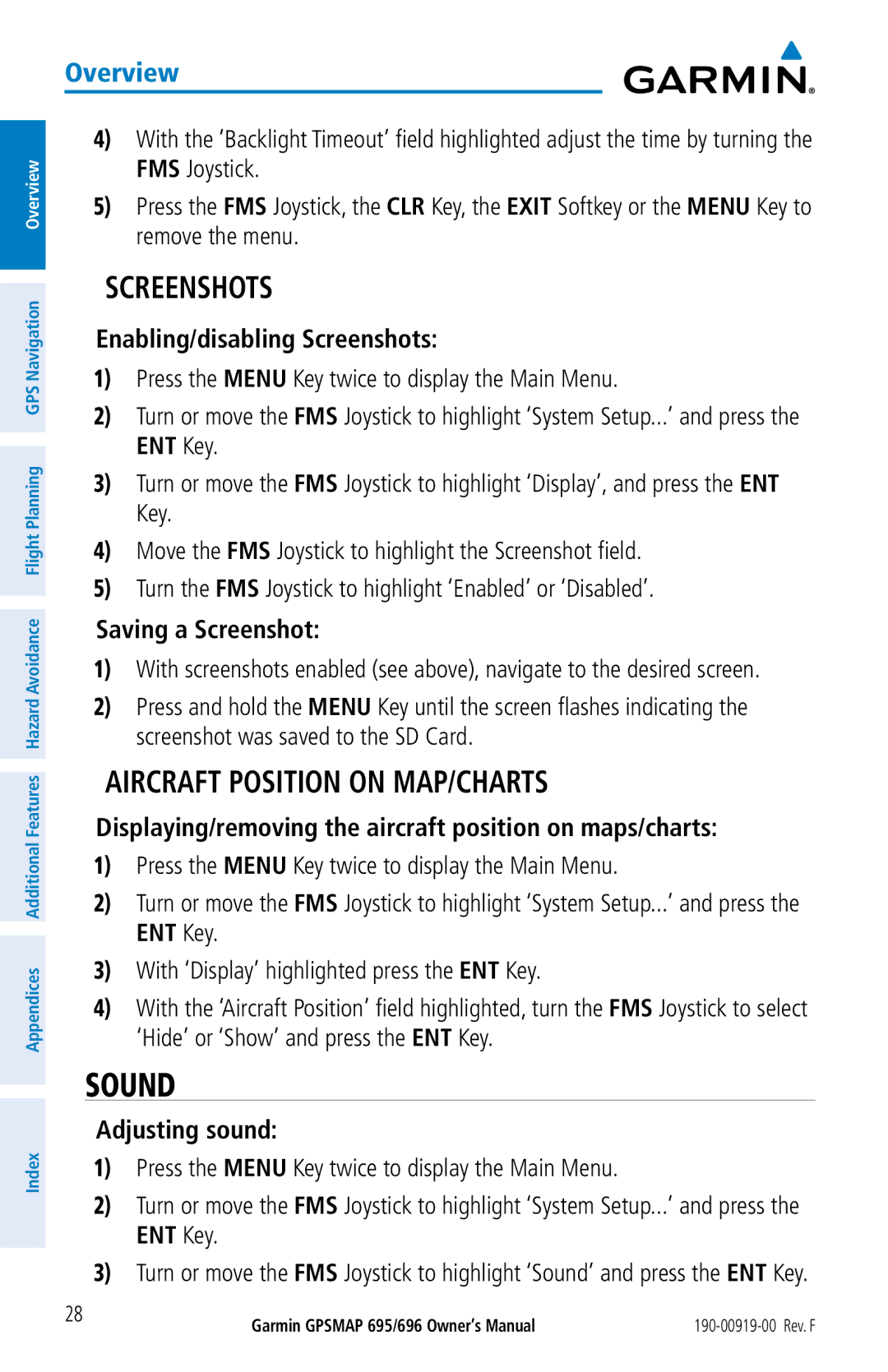 Garmin 695, 696 owner manual Sound, Screenshots, Aircraft Position on MAP/CHARTS 