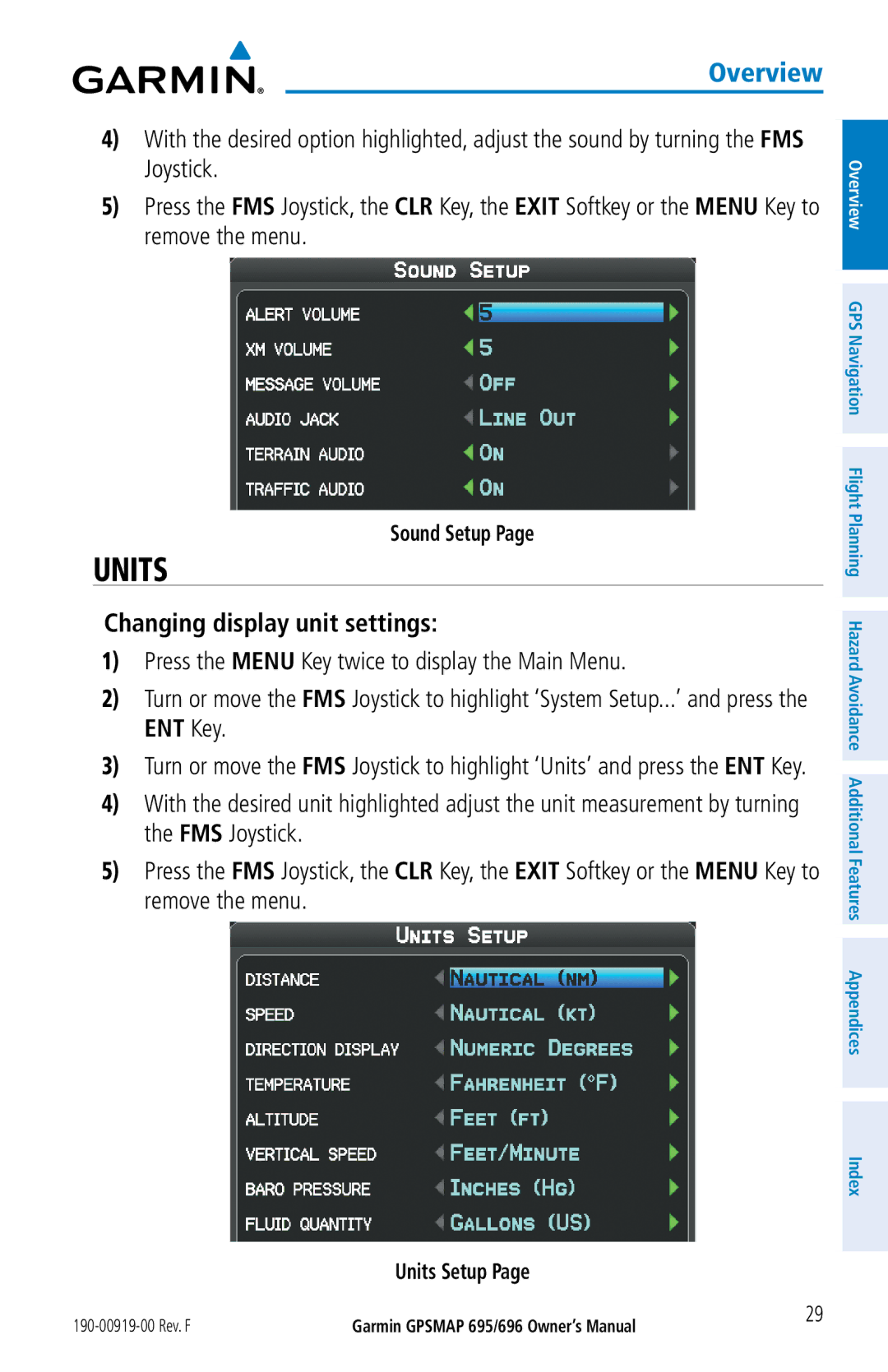 Garmin 696, 695 owner manual Changing display unit settings, Sound Setup, Units Setup 