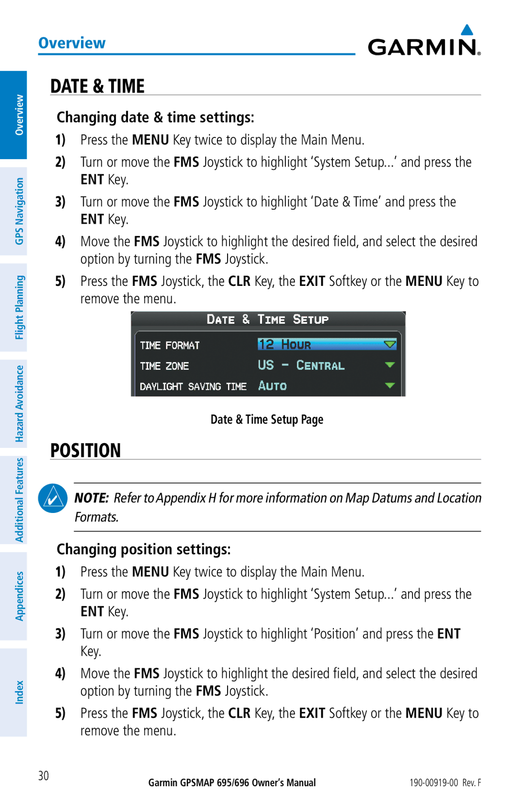 Garmin 695, 696 owner manual Position, Changing date & time settings, Changing position settings, Date & Time Setup 