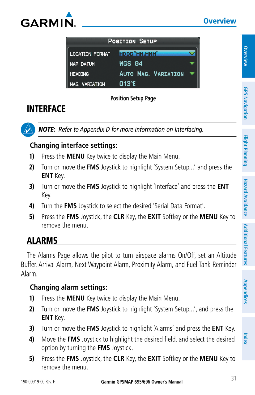 Garmin 696, 695 owner manual Interface, Alarms, Changing interface settings, Changing alarm settings, Position Setup 