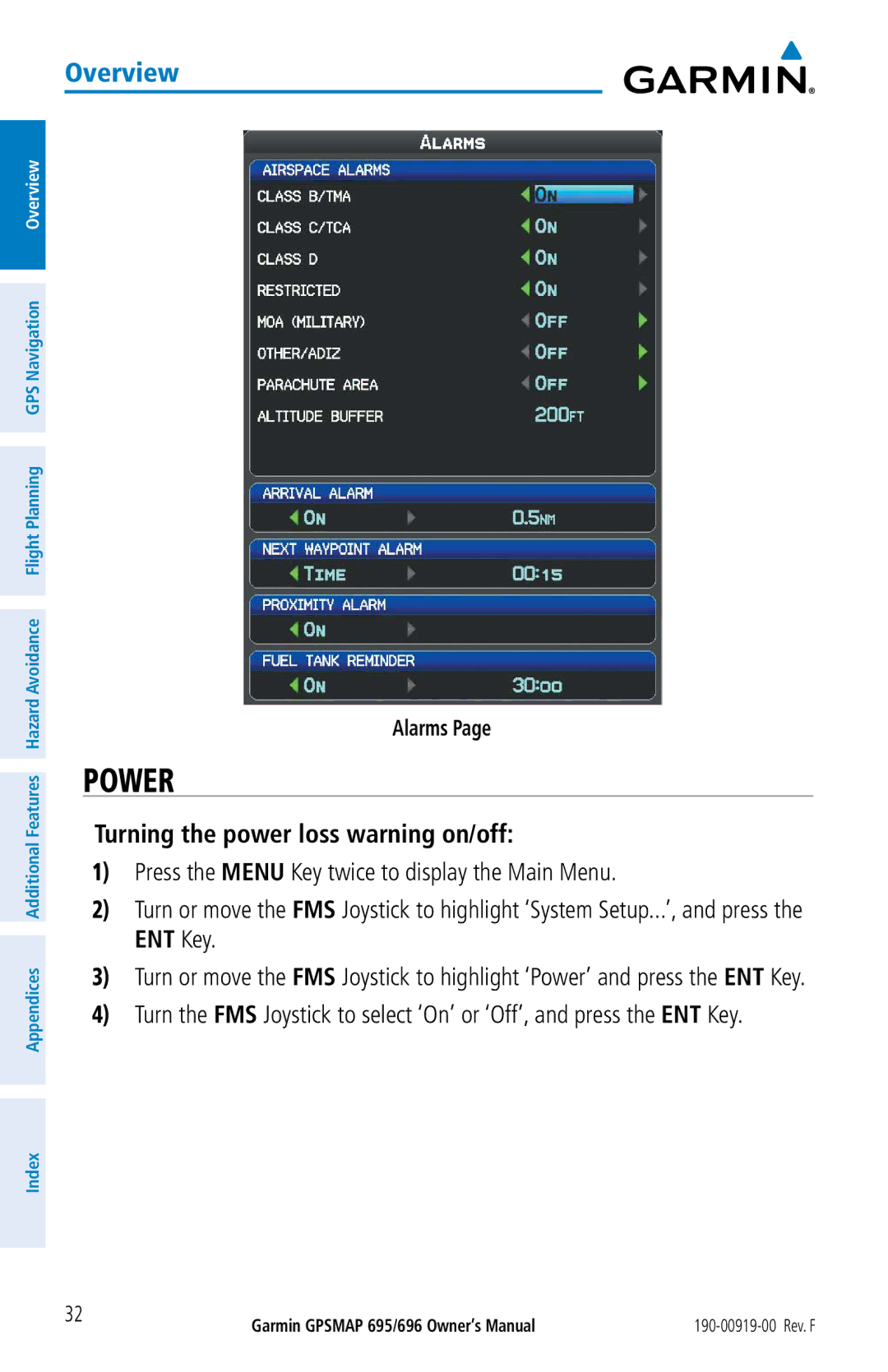 Garmin 695, 696 owner manual Power, Turning the power loss warning on/off, Alarms 