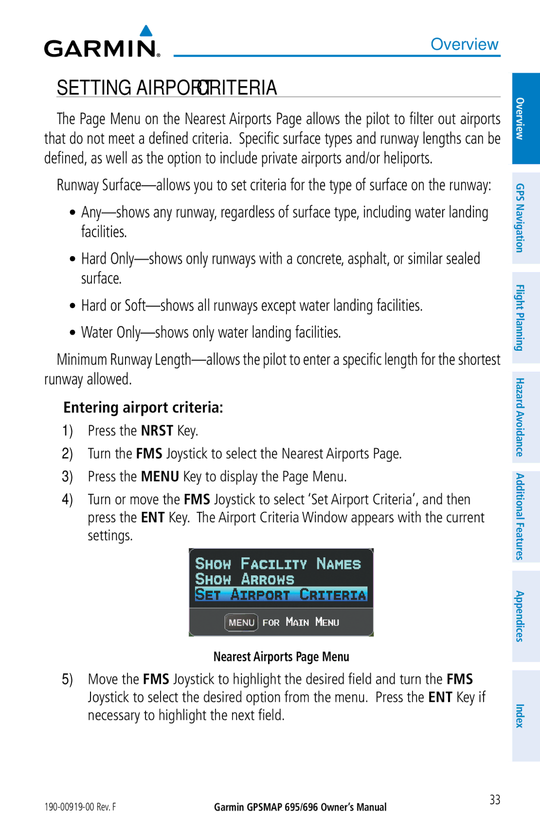 Garmin 696, 695 owner manual Setting Airport Criteria, Entering airport criteria, Nearest Airports Page Menu 