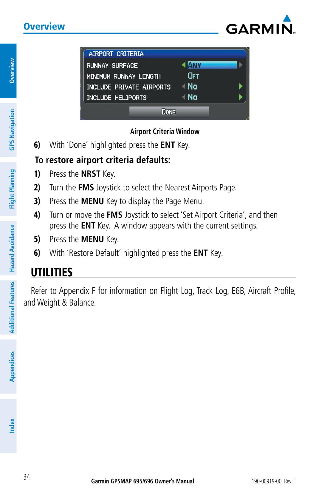 Garmin 695, 696 owner manual Utilities, To restore airport criteria defaults, Airport Criteria Window 