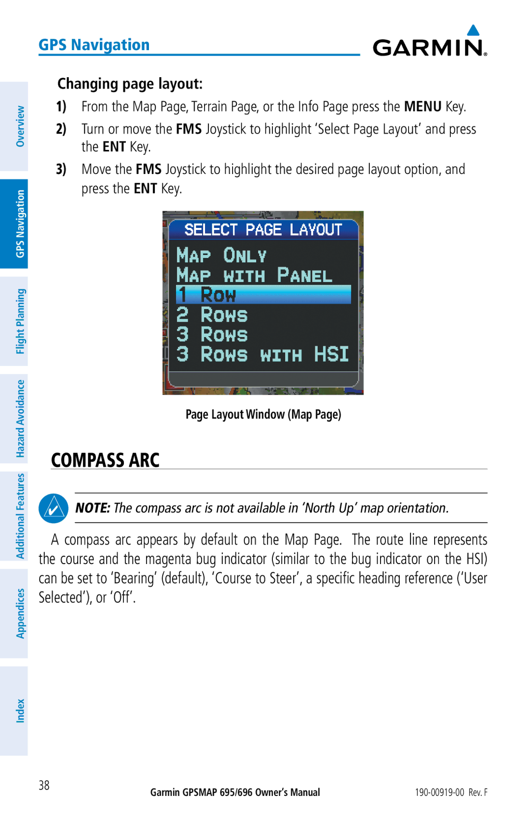 Garmin 695, 696 owner manual Compass ARC, Changing page layout, Layout Window Map 