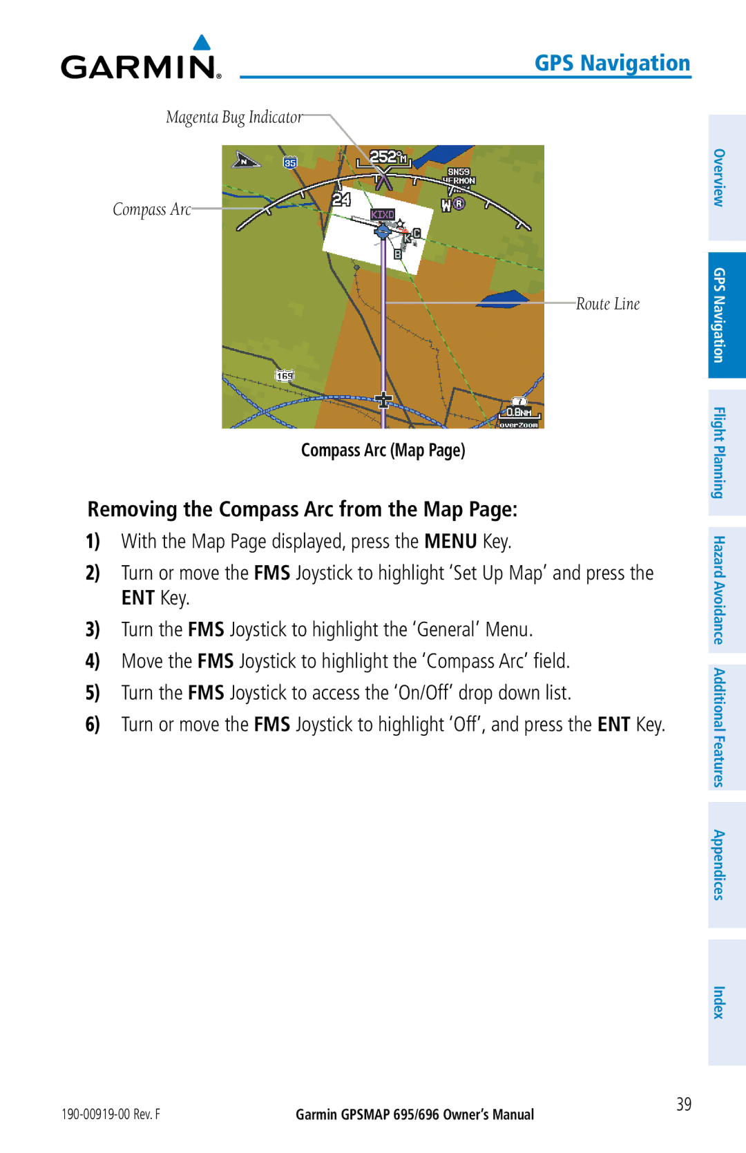 Garmin 696, 695 owner manual Removing the Compass Arc from the Map, Compass Arc Map 