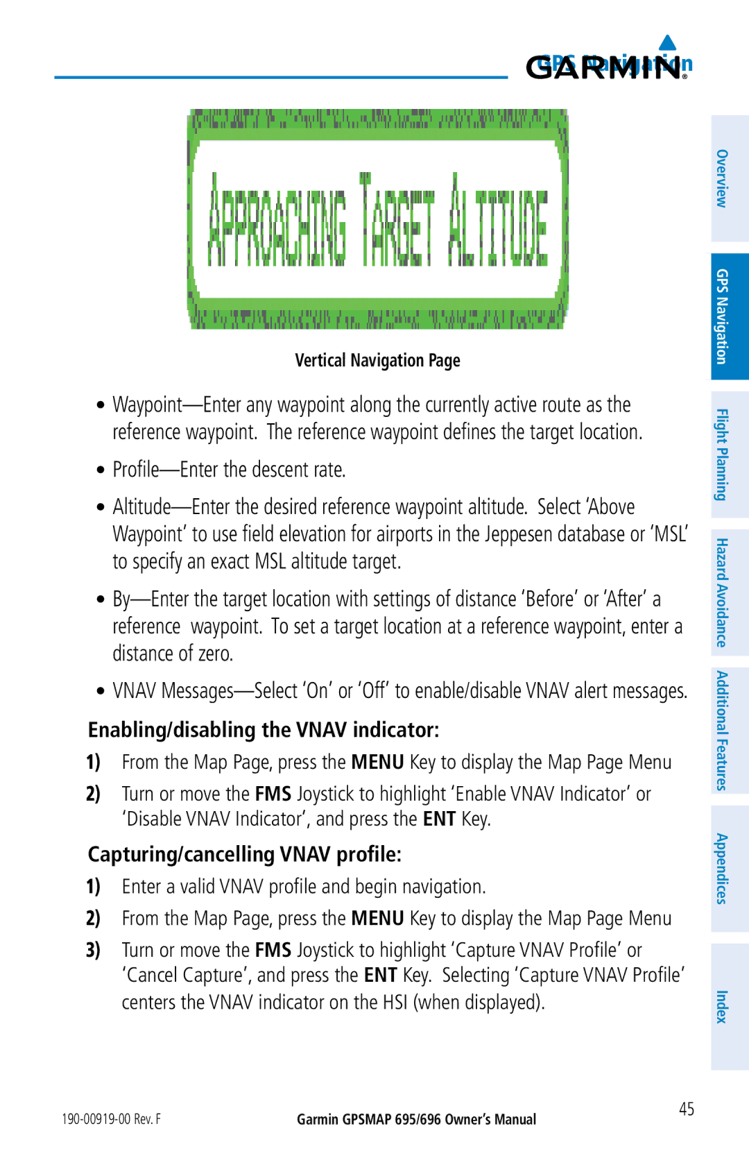 Garmin 696, 695 Profile-Enter the descent rate, Enabling/disabling the Vnav indicator, Capturing/cancelling Vnav profile 
