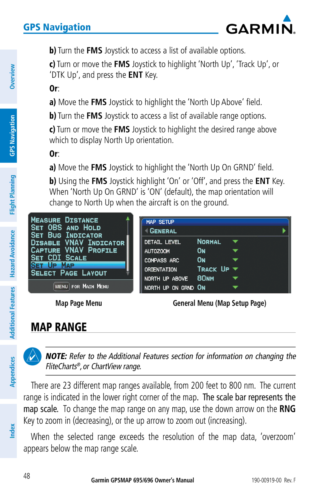 Garmin 695, 696 owner manual MAP Range, Map Page Menu 