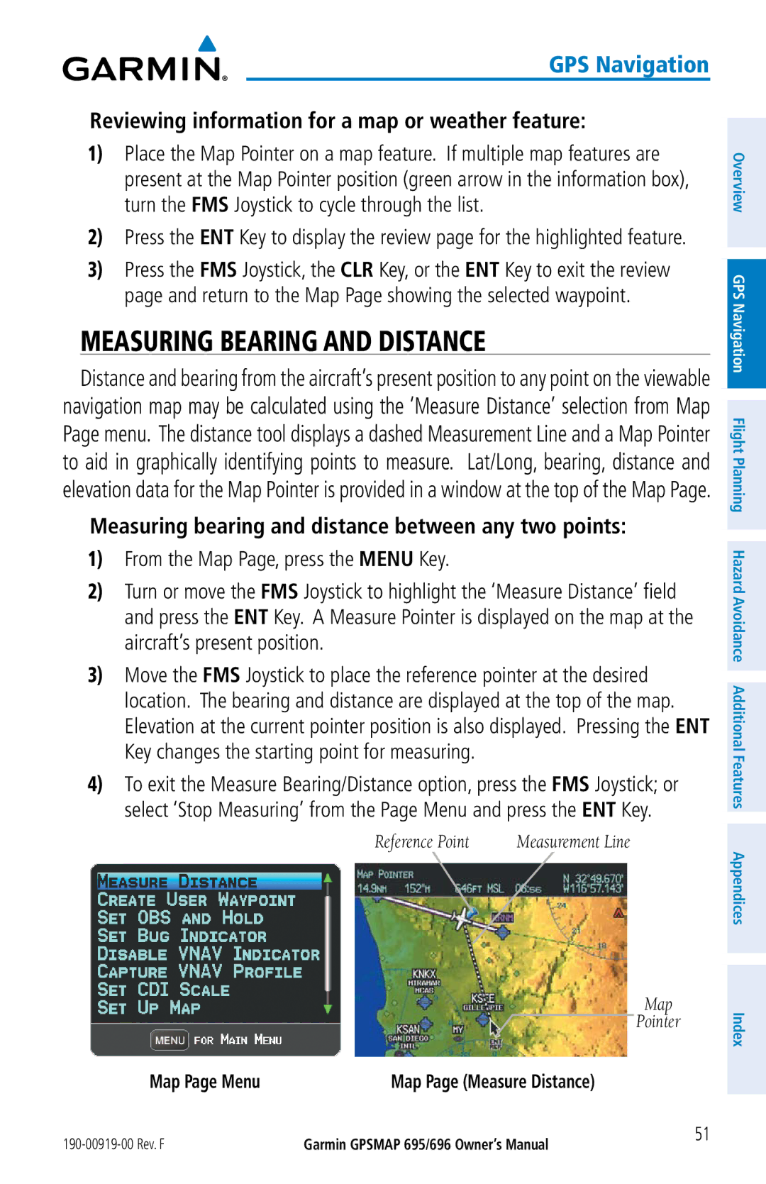 Garmin 696, 695 owner manual Measuring Bearing and Distance, Reviewing information for a map or weather feature 