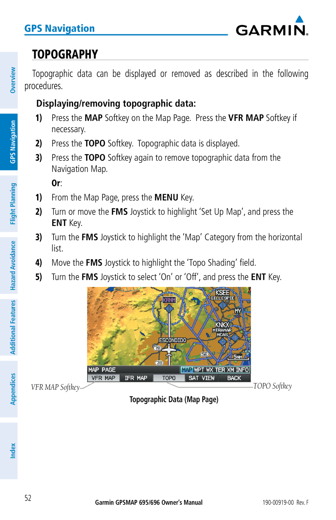 Garmin 695, 696 owner manual Topography, Displaying/removing topographic data, Topographic Data Map 