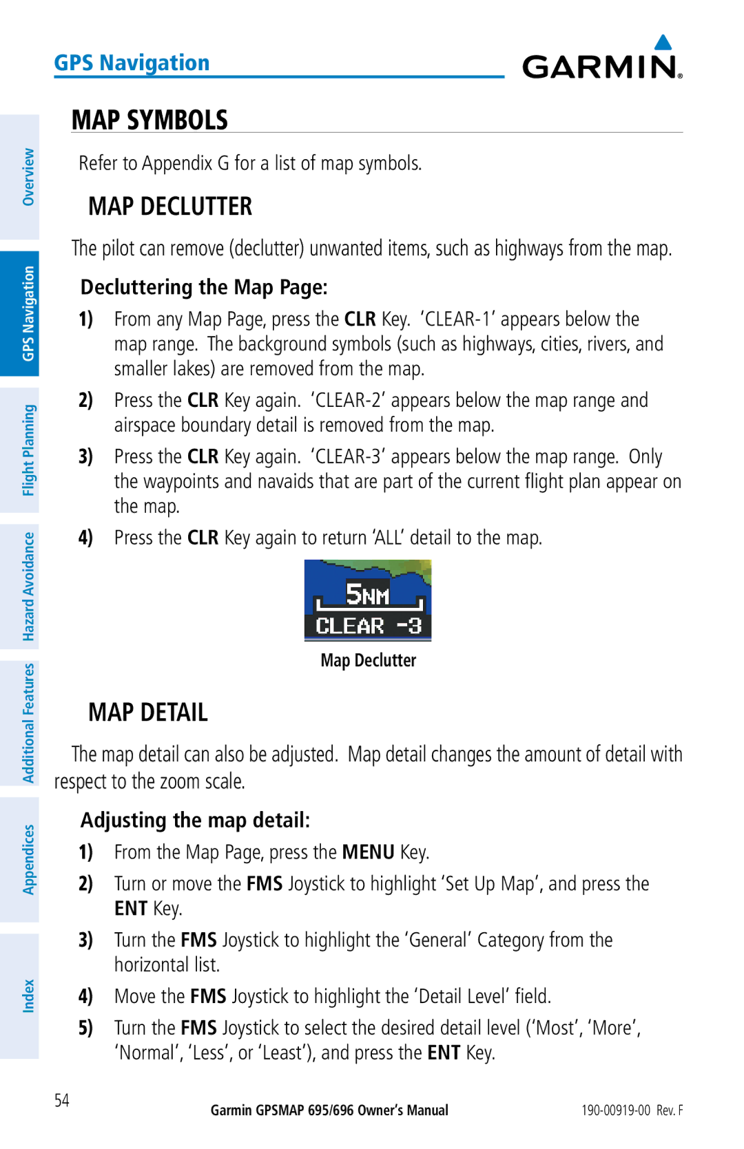 Garmin 695, 696 owner manual MAP Symbols, MAP Declutter, MAP Detail, Decluttering the Map, Adjusting the map detail 