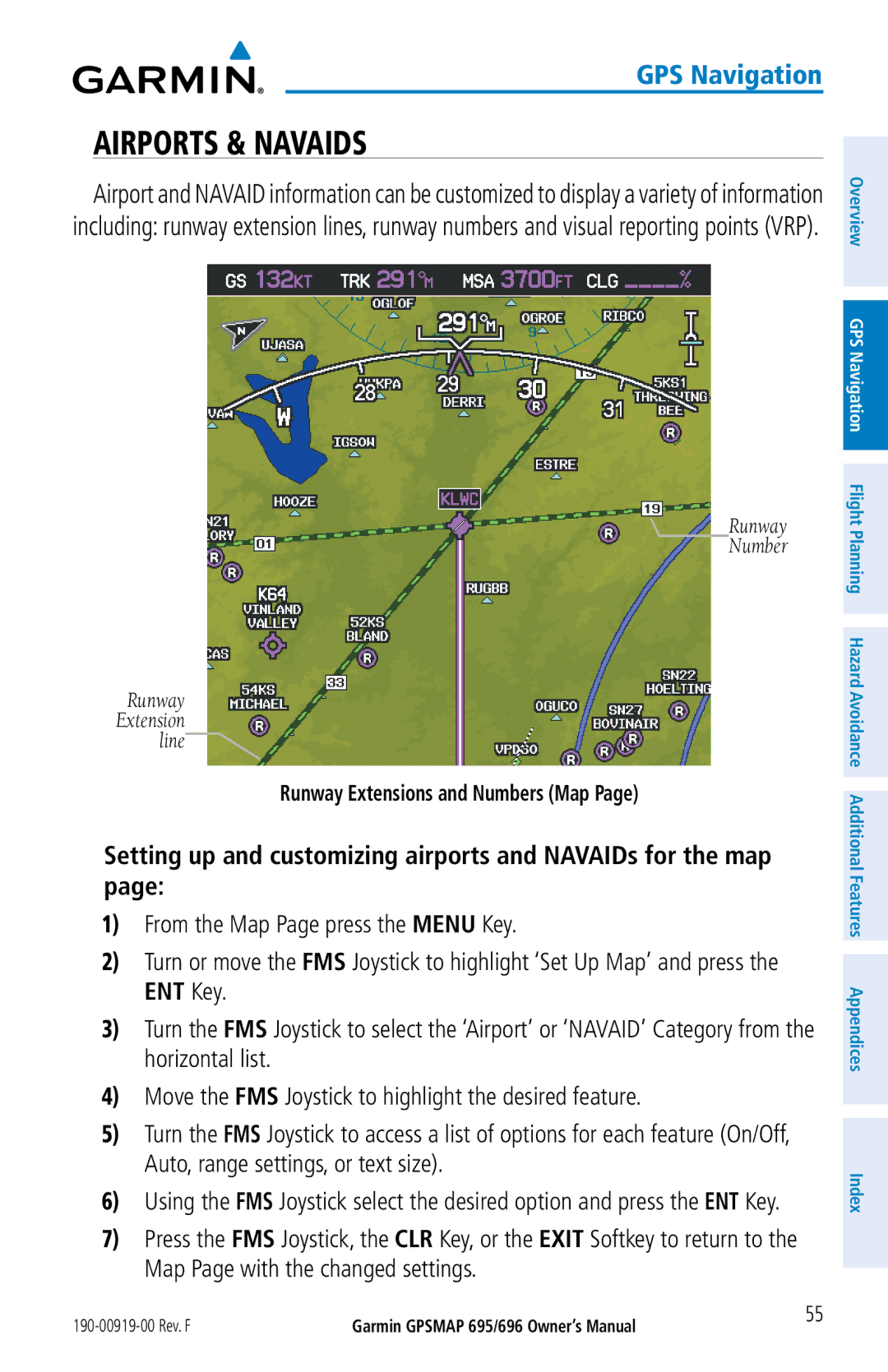 Garmin 696, 695 owner manual Airports & Navaids, Setting up and customizing airports and NAVAIDs for the map 