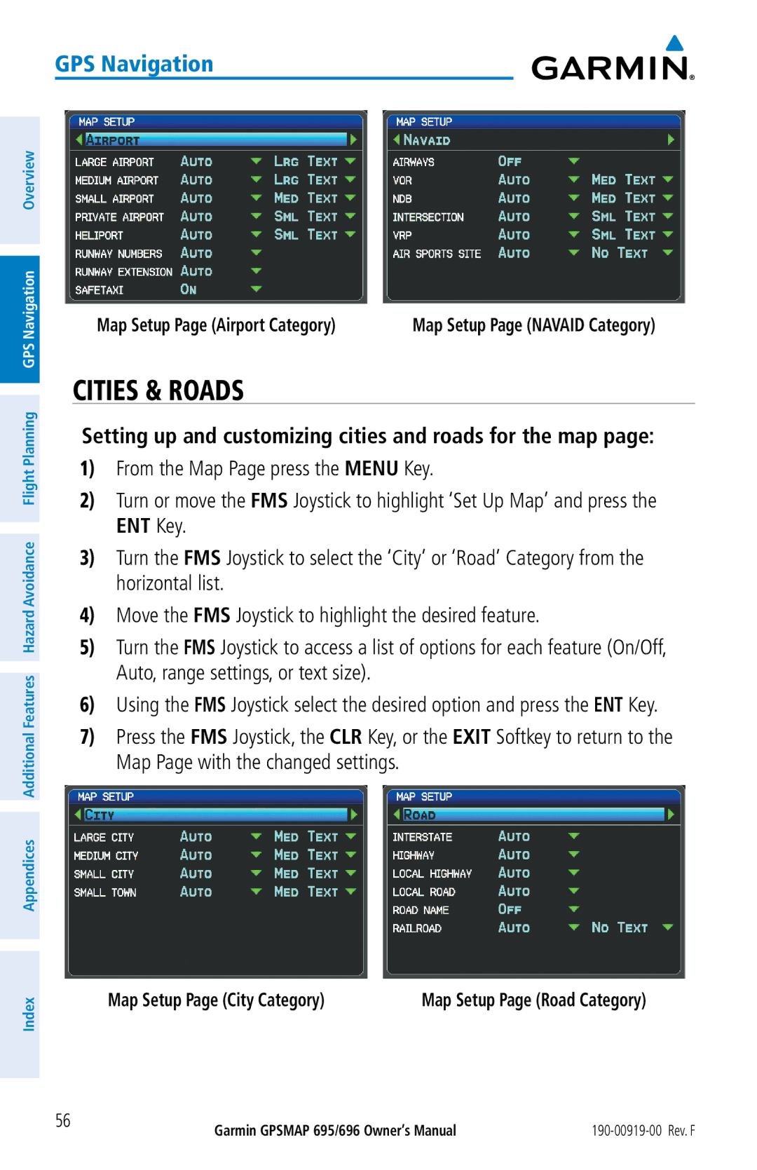 Garmin 695, 696 Cities & Roads, Setting up and customizing cities and roads for the map, Map Setup Page City Category 