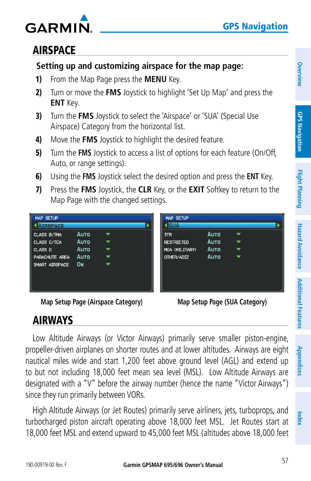 Garmin 696, 695 owner manual Airspace, Airways, Setting up and customizing airspace for the map 