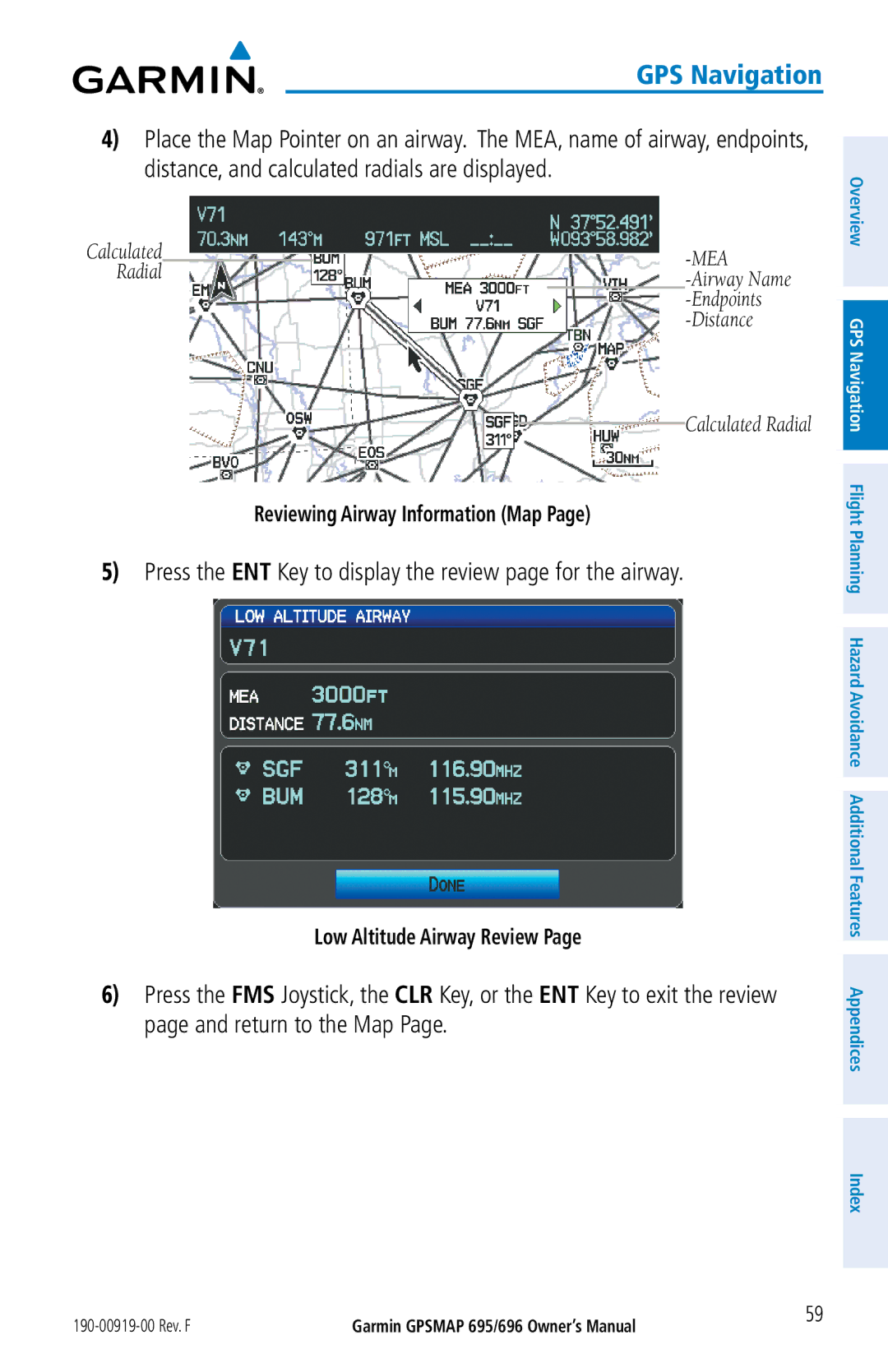 Garmin 696, 695 owner manual Press the ENT Key to display the review page for the airway, Reviewing Airway Information Map 