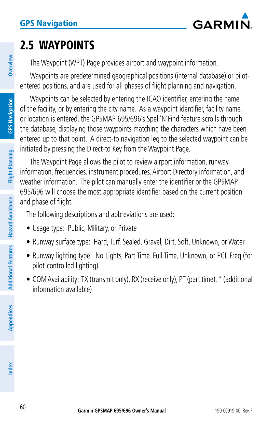 Garmin 695, 696 owner manual Waypoints, Waypoint WPT Page provides airport and waypoint information 