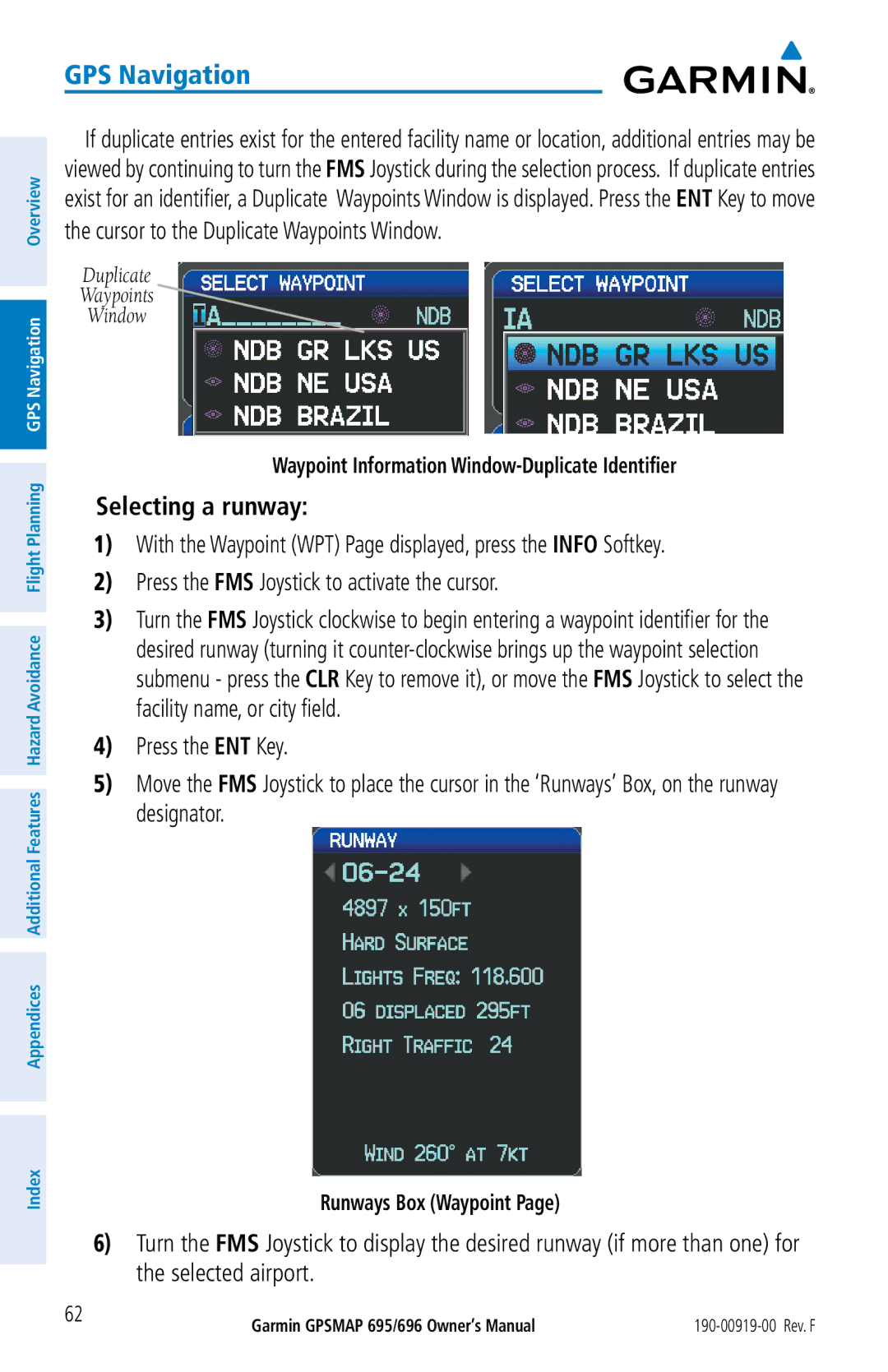 Garmin 695, 696 owner manual Selecting a runway, Waypoint Information Window-Duplicate Identifier, Runways Box Waypoint 