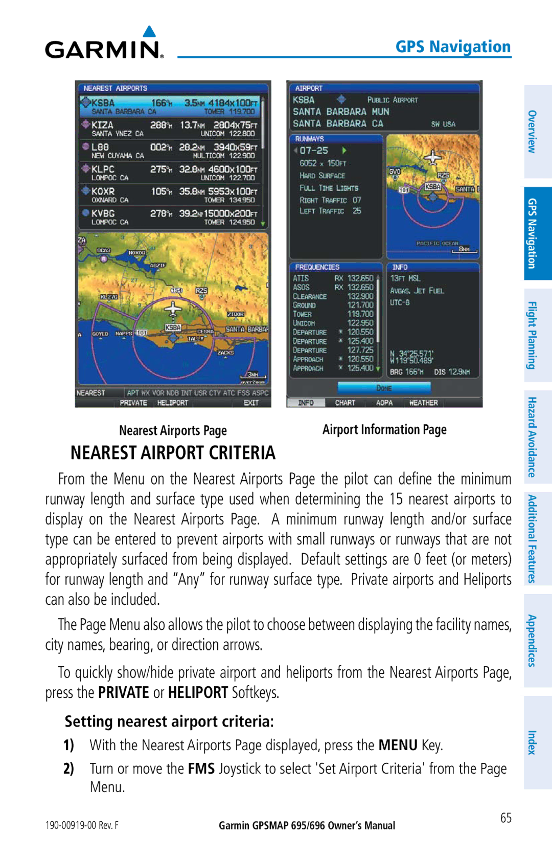 Garmin 696, 695 owner manual Nearest Airport Criteria, Setting nearest airport criteria, Nearest Airports 