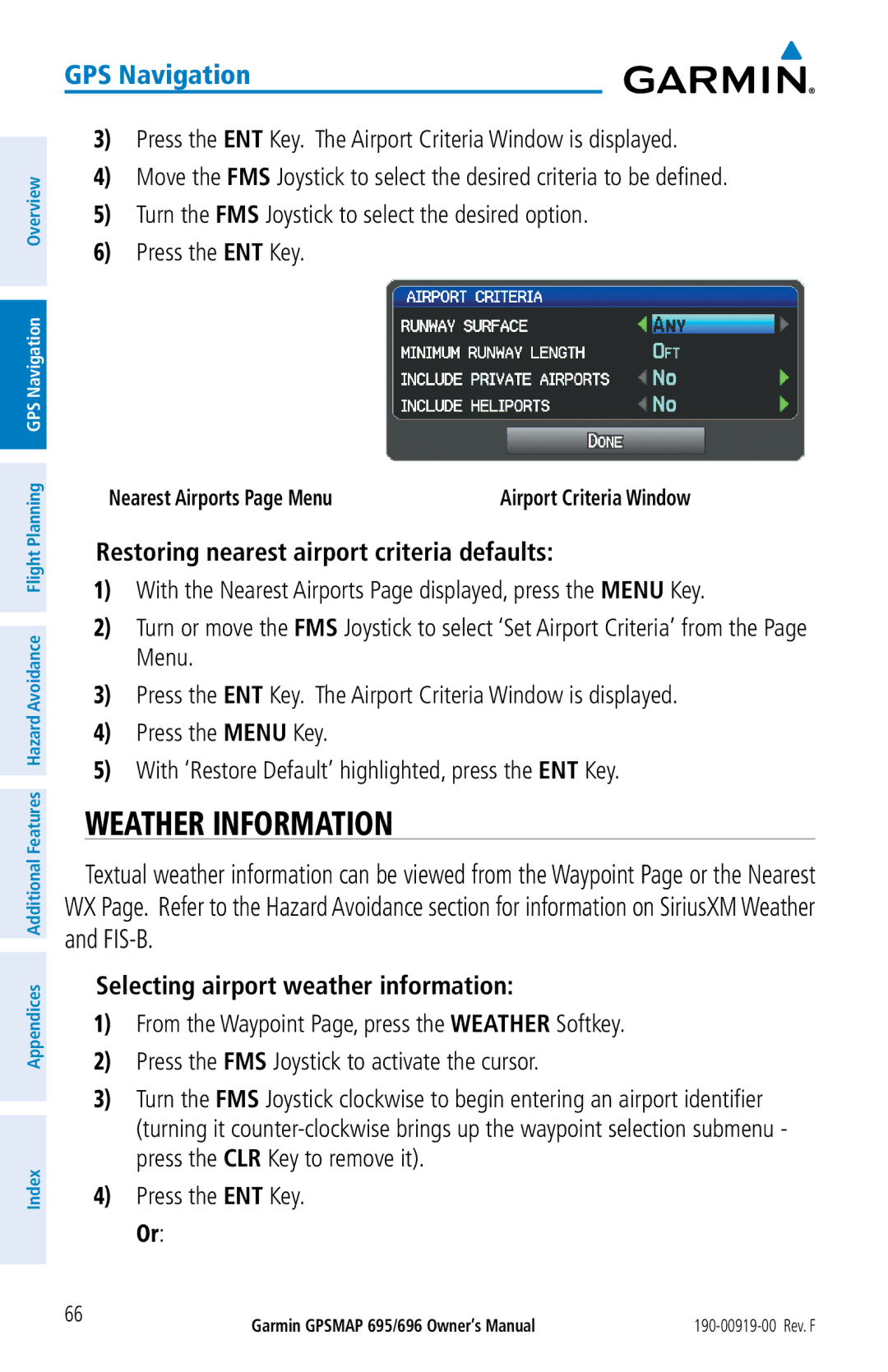 Garmin 695, 696 Weather Information, Restoring nearest airport criteria defaults, Selecting airport weather information 