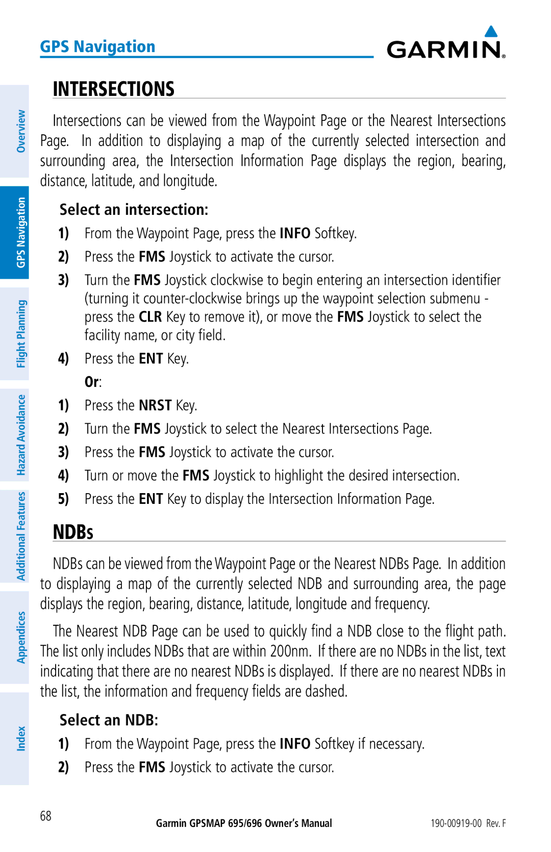 Garmin 695, 696 owner manual Intersections, Ndbs, Select an intersection, Select an NDB 