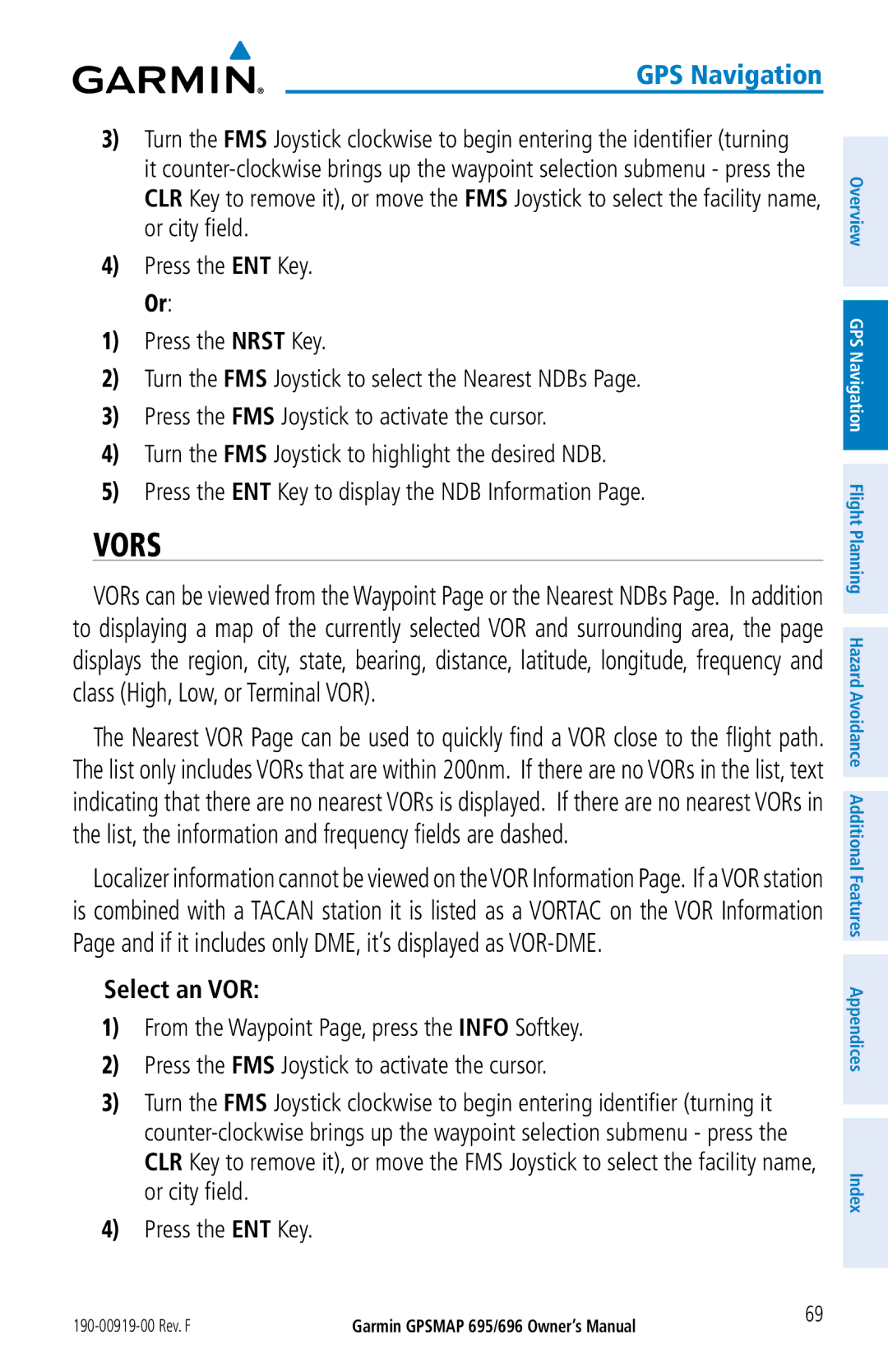 Garmin 696, 695 owner manual Vors, Select an VOR 