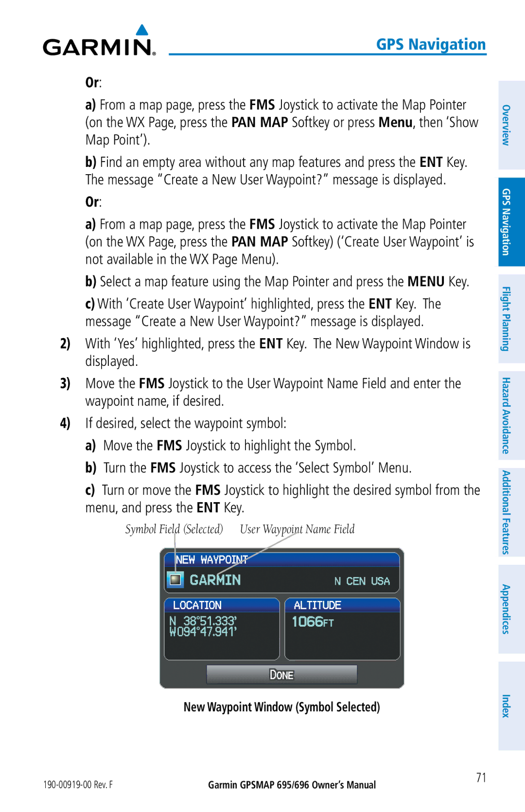 Garmin 696, 695 owner manual New Waypoint Window Symbol Selected 