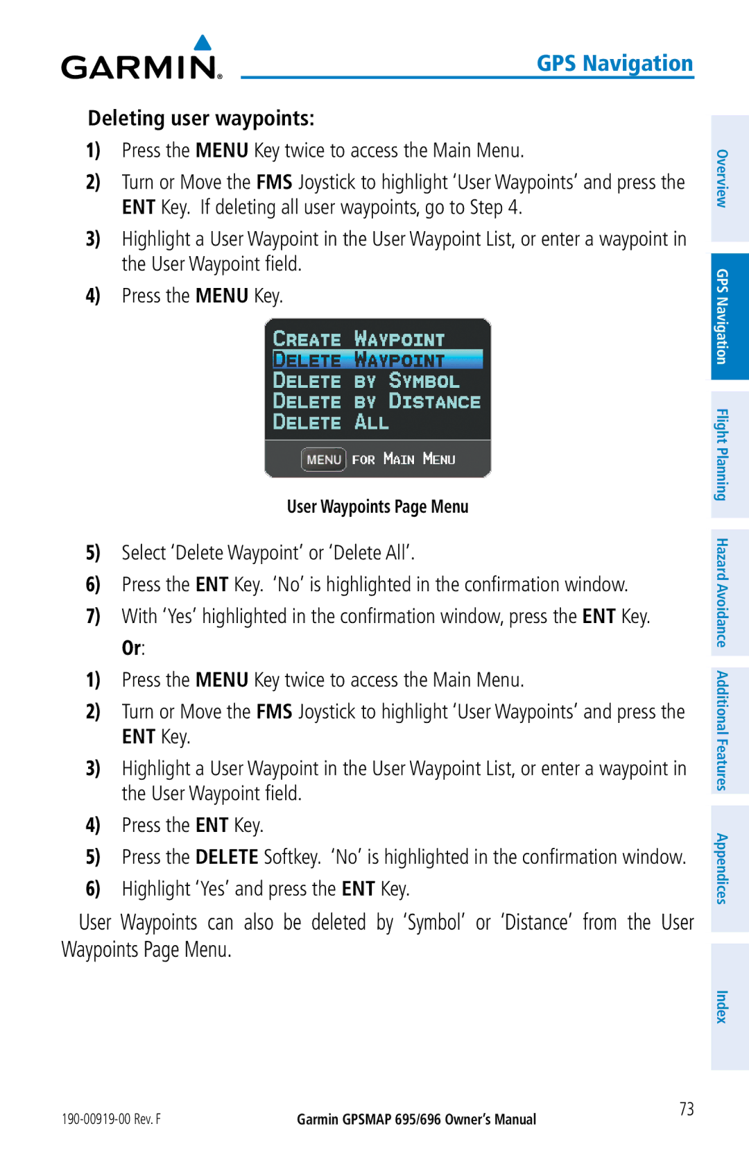 Garmin 696, 695 Deleting user waypoints, Select ‘Delete Waypoint’ or ‘Delete All’, Highlight ‘Yes’ and press the ENT Key 