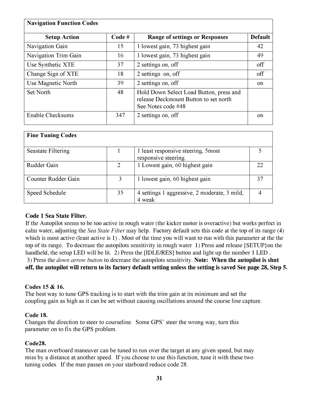 Garmin 906-2000-00 owner manual Fine Tuning Codes, Code 1 Sea State Filter, Codes 15, Code28 