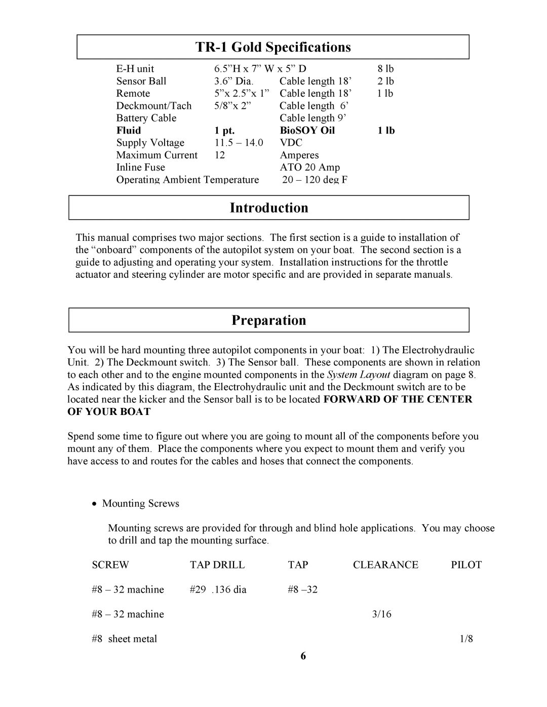 Garmin 906-2000-00 owner manual TR-1 Gold Specifications, Introduction, Preparation, Fluid BioSOY Oil 