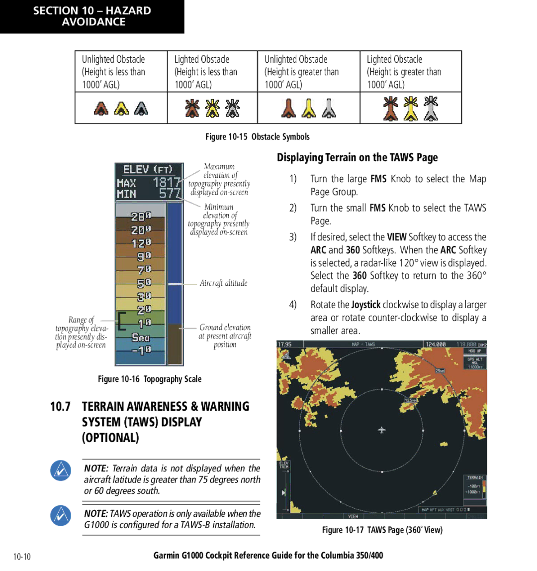 Garmin Columbia 350/400 manual Displaying Terrain on the Taws, Lighted Obstacle Height is greater than 1000’ AGL 