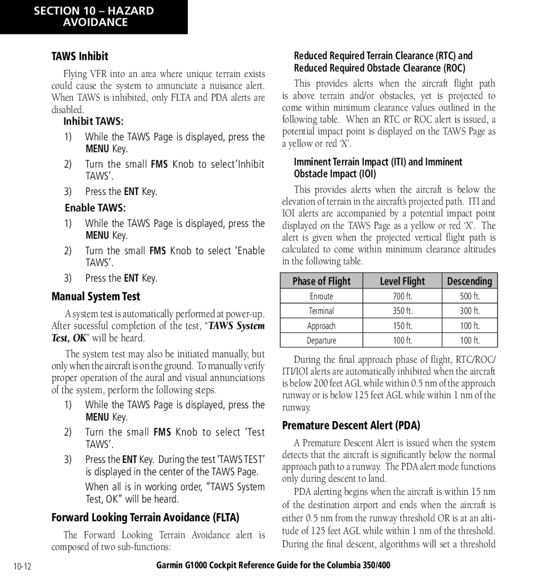 Garmin Columbia 350/400 manual Taws Inhibit, Manual System Test, Premature Descent Alert PDA 