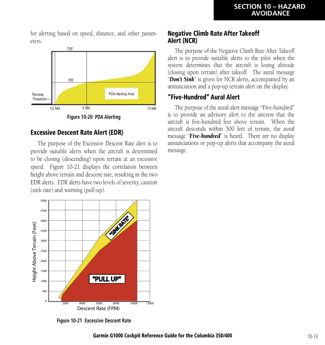 Garmin Columbia 350/400 manual Excessive Descent Rate Alert EDR, Negative Climb Rate After Takeoff Alert NCR 