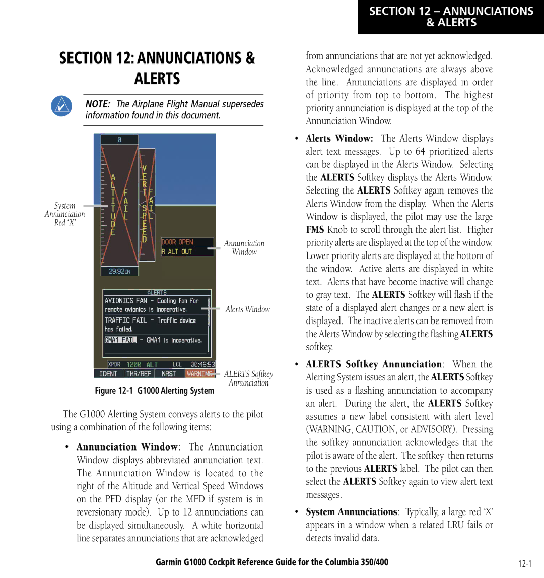 Garmin Columbia 350/400 manual Annunciations Alerts, Softkey, Messages, Detects invalid data 