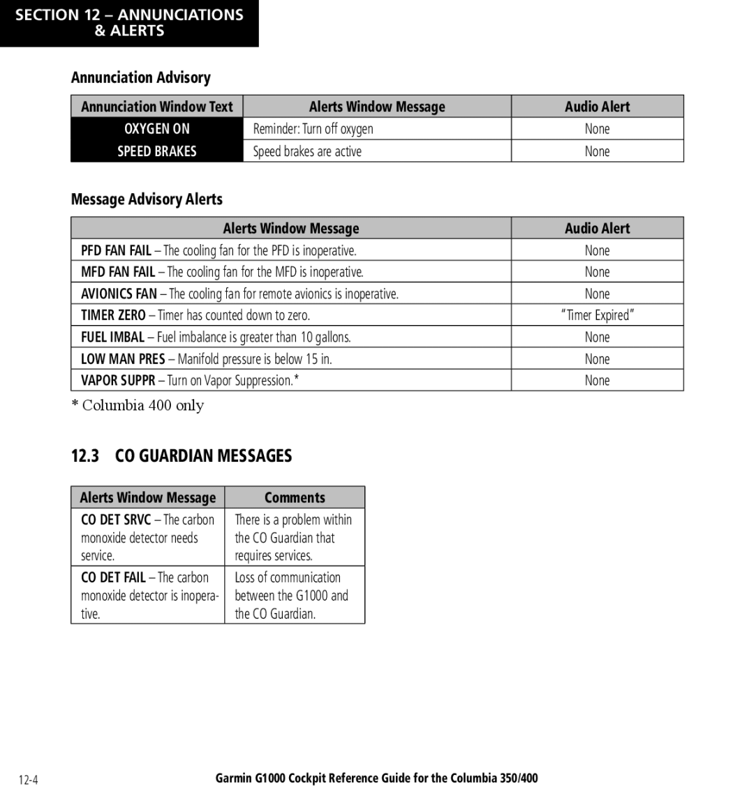 Garmin Columbia 350/400 manual CO Guardian Messages, Annunciation Advisory, Message Advisory Alerts 