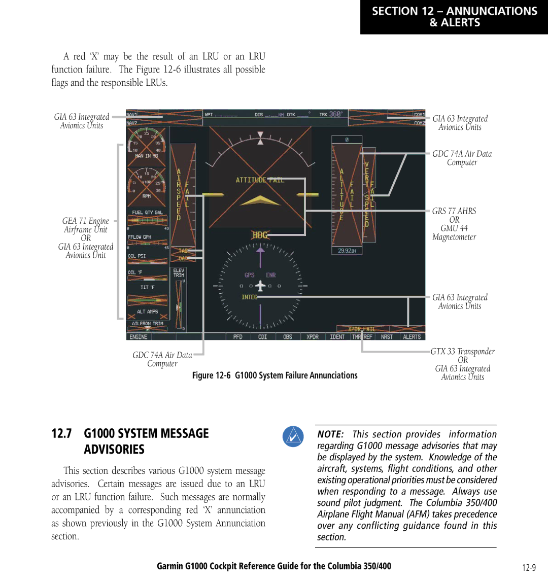 Garmin Columbia 350/400 manual 12.7 G1000 System Message Advisories 