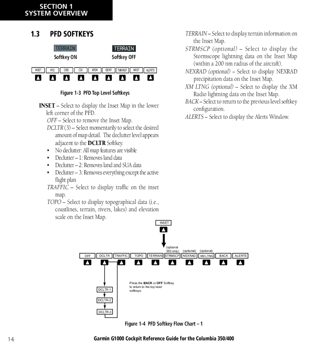 Garmin Columbia 350/400 manual PFD Softkeys, PFD Top Level Softkeys 